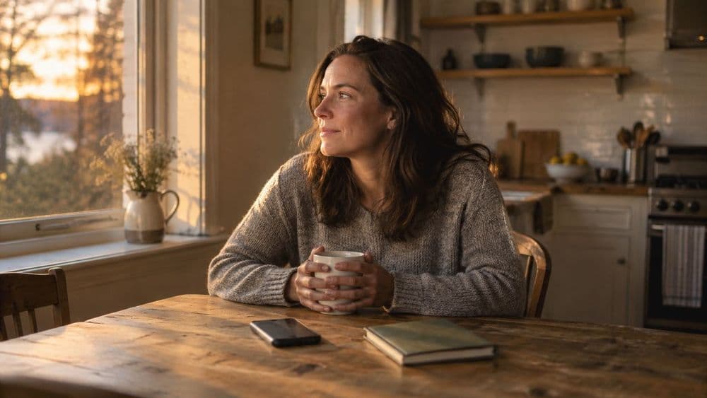 An adult sitting alone at a kitchen table in early evening light, hands around a mug, looking out of a window.