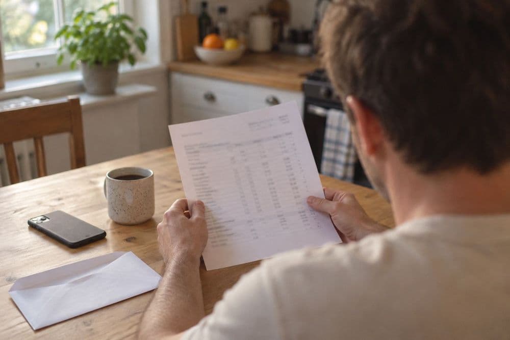 Over-the-shoulder view of a person at a kitchen table reading a printed lab results sheet beside a mug and a phone, with the text too small to read.
