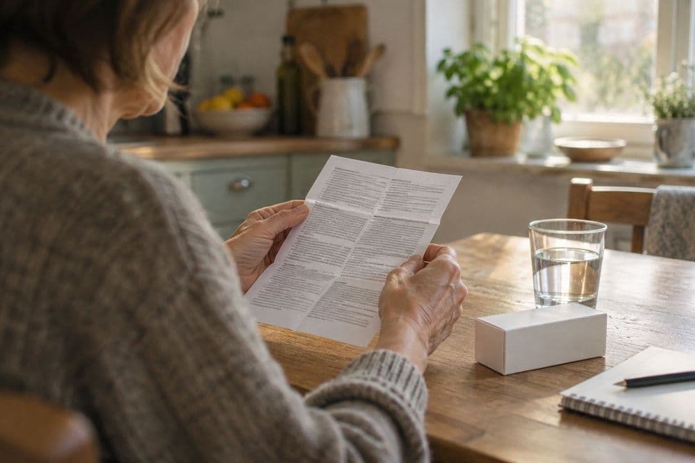An adult at a kitchen table reading the folded paper leaflet from a prescription box, with a glass of water and a notepad beside it.