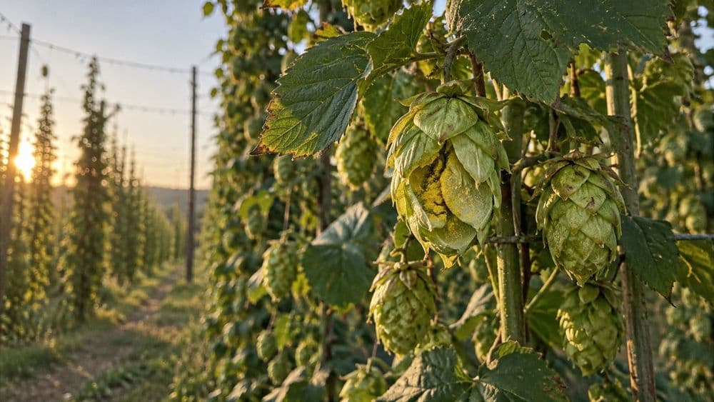 Fresh green hop cones hanging on a climbing bine in late-summer light, with the papery bracts of one cone slightly open to show yellow lupulin inside.
