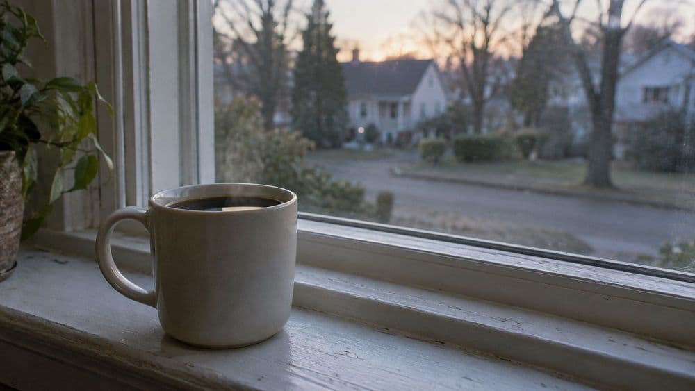 A mug of coffee on a wooden windowsill in soft early morning light, with a quiet street out of focus beyond the glass.