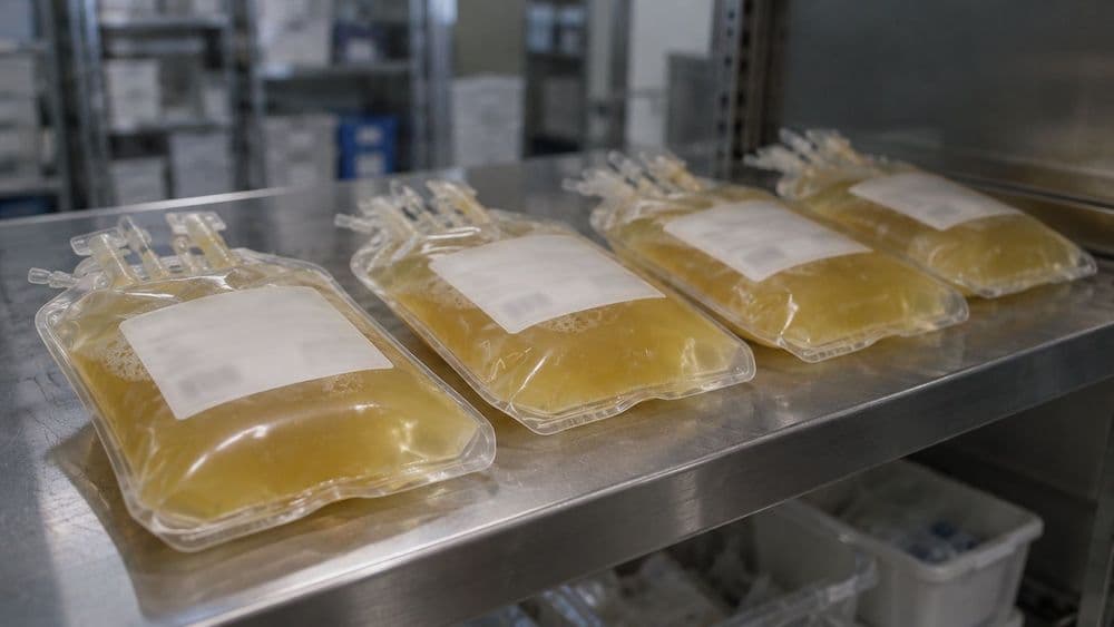 Bags of straw-yellow donated plasma resting on a clean stainless steel shelf in a collection center storage area.