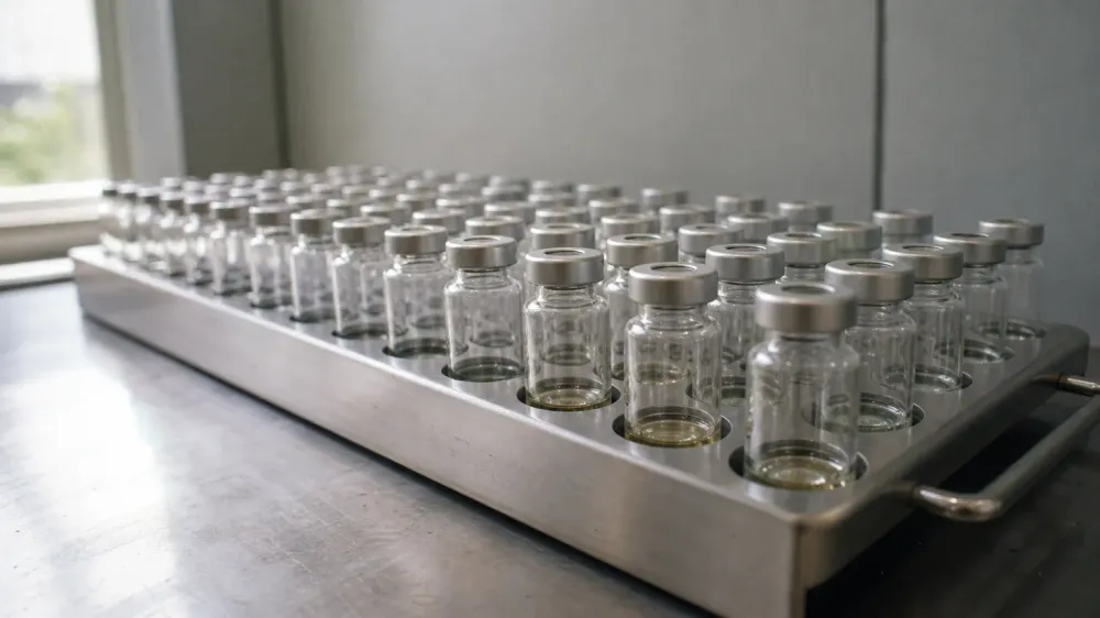 Rows of small clear glass autosampler vials with crimped metal caps standing in a stainless steel tray on a laboratory bench.