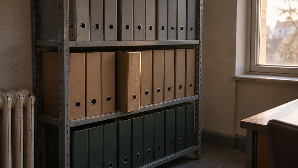 Rows of plain ring binders with blank spines on grey metal office shelving, one binder pulled slightly forward, in late-afternoon window light.
