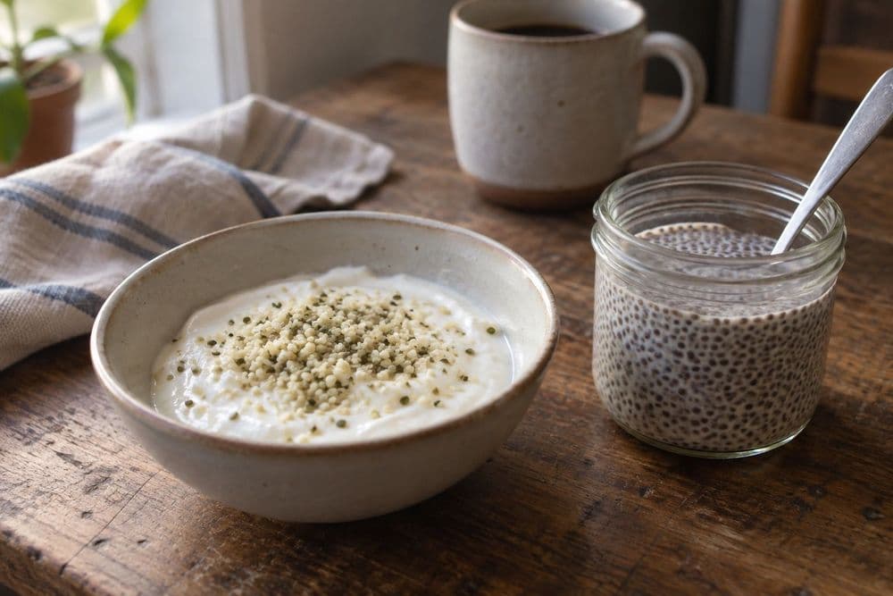 A breakfast bowl of plain yogurt topped with a spoonful of hemp hearts, next to a small glass jar of set chia pudding, on a wooden kitchen table in morning light.