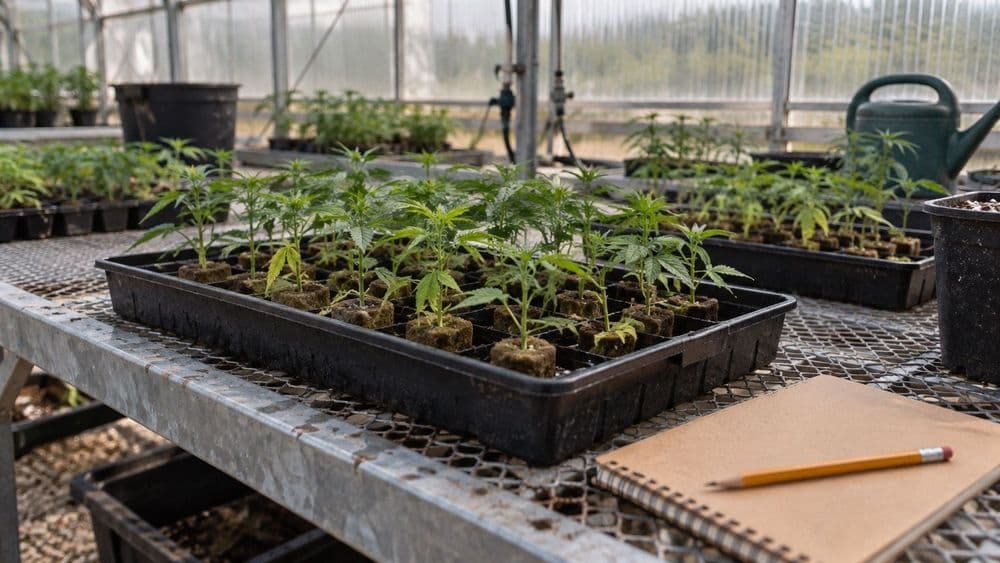 Young cannabis cuttings in a plant-science greenhouse, with small rooted clones in trays on a bench and a lab notebook beside them.