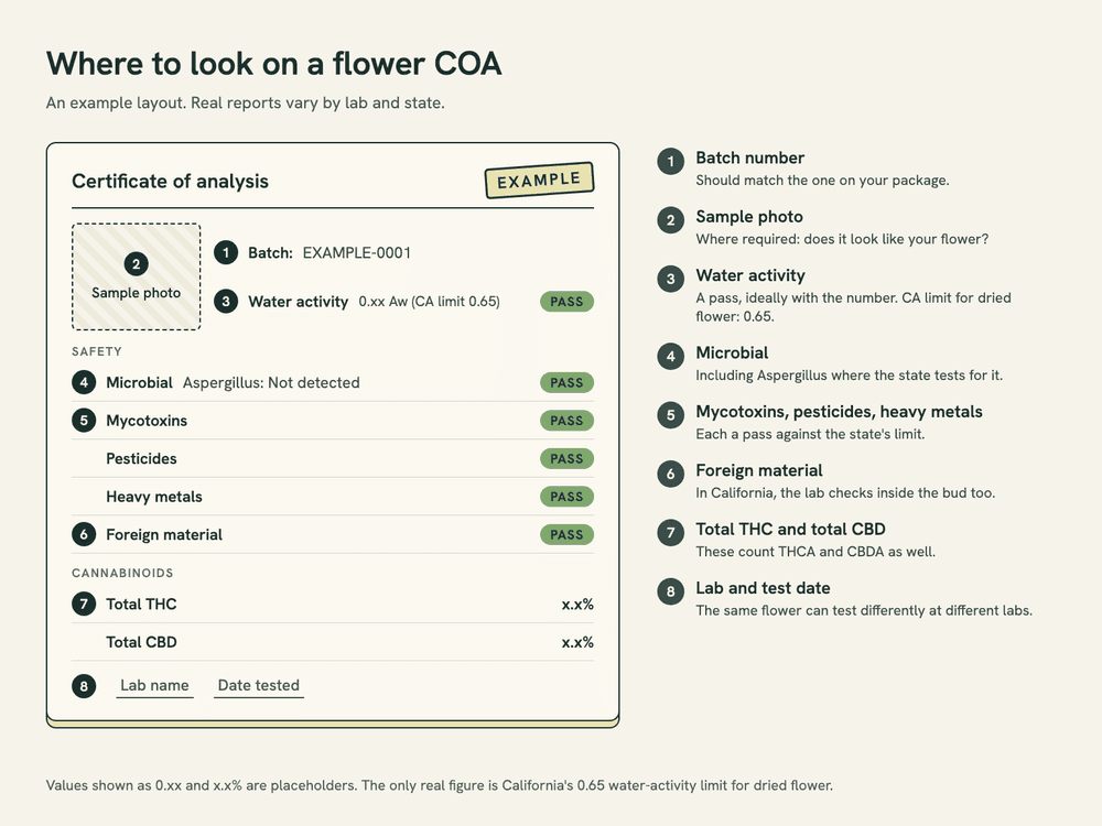 Annotated example of a flower certificate of analysis, with callouts pointing to the batch number, sample photo, water activity, microbial, mycotoxin, pesticide and heavy metal results, and total THC and CBD.
