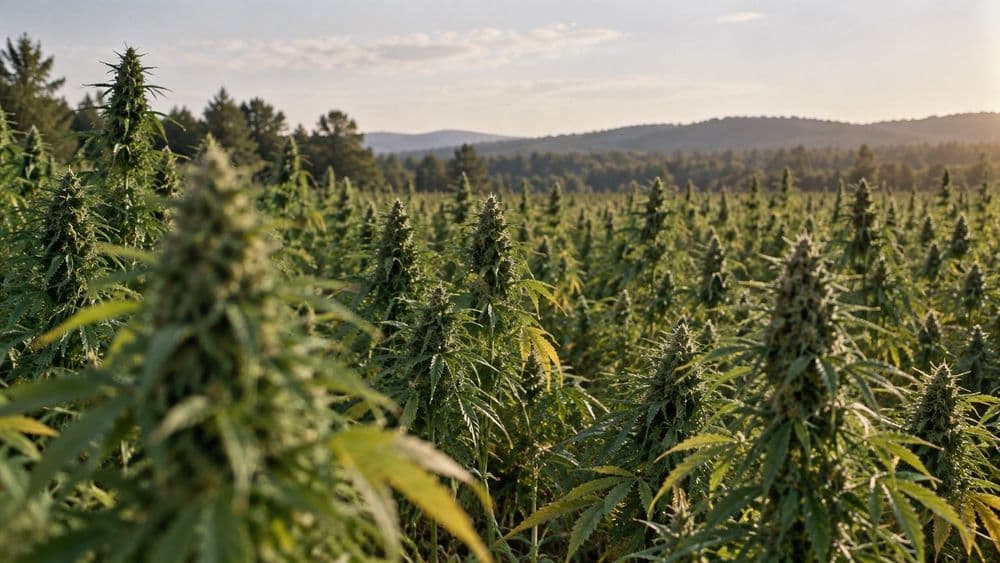 Rows of flowering hemp plants in a sunlit field, with the resinous flower clusters at the tops of the stems in soft focus.