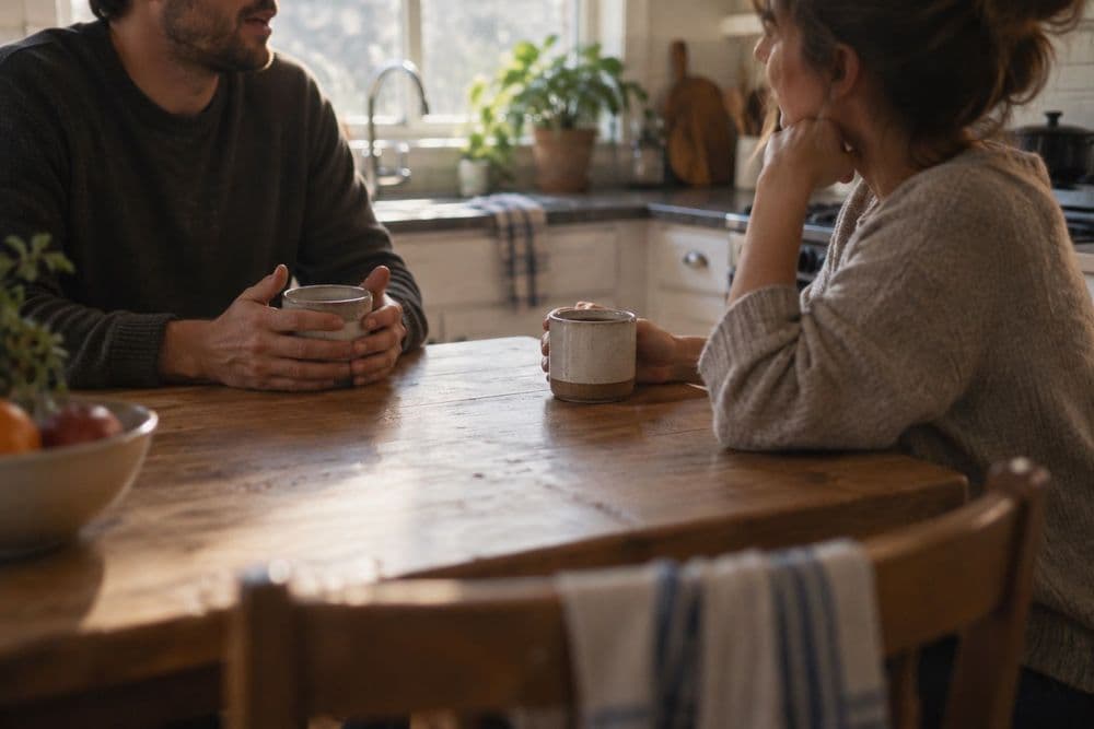 Two adults talking over coffee at a wooden kitchen table in morning light, one holding a mug in both hands while he speaks, the other leaning in with her chin on her hand to listen.