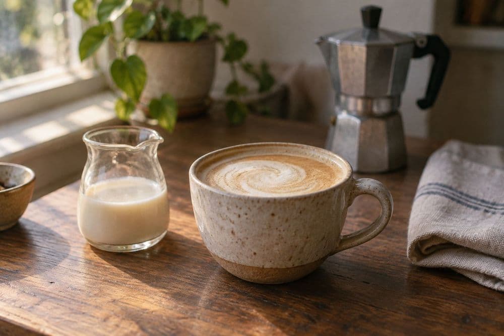A latte with pale plant-milk foam in a ceramic cup on a small wooden table by a window, next to a plain clear glass jug of plant milk.