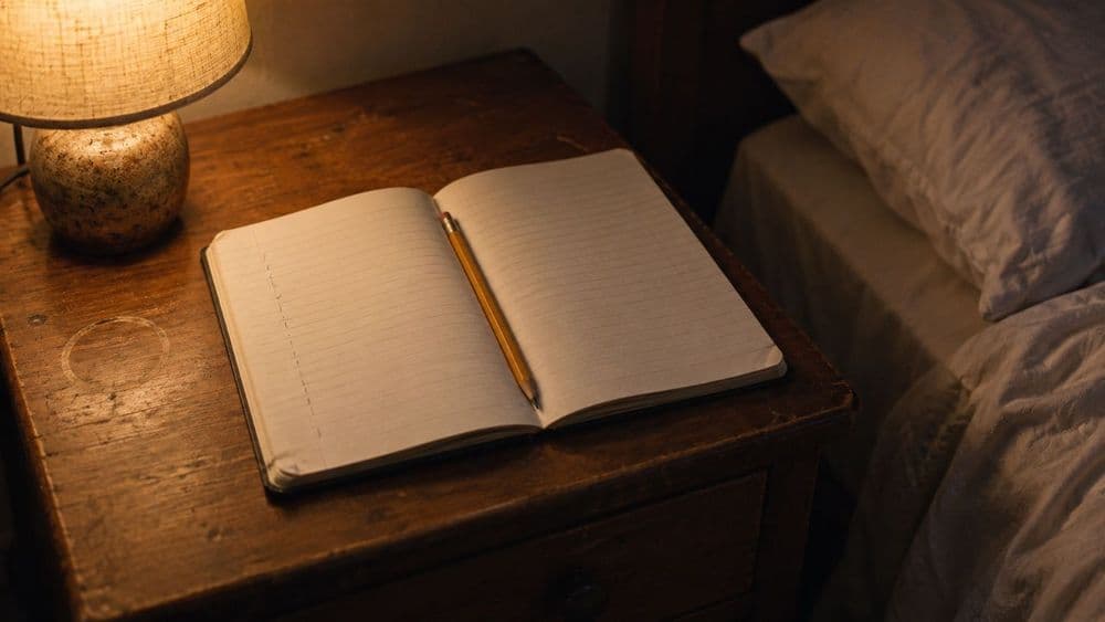 An open ruled paper notebook on a wooden bedside table under a warm, dim lamp, a short column of faint pencil tick marks on one page and a pencil resting in the fold.