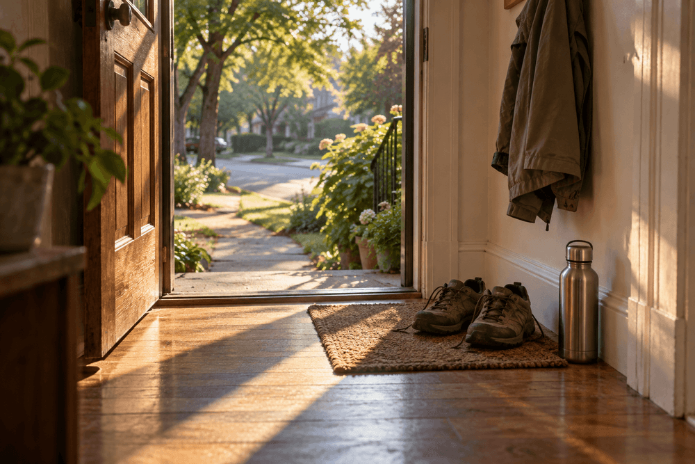 A pair of worn walking shoes by an open front door in early morning light, with a jacket on a hook and a reusable water bottle on the floor beside them.