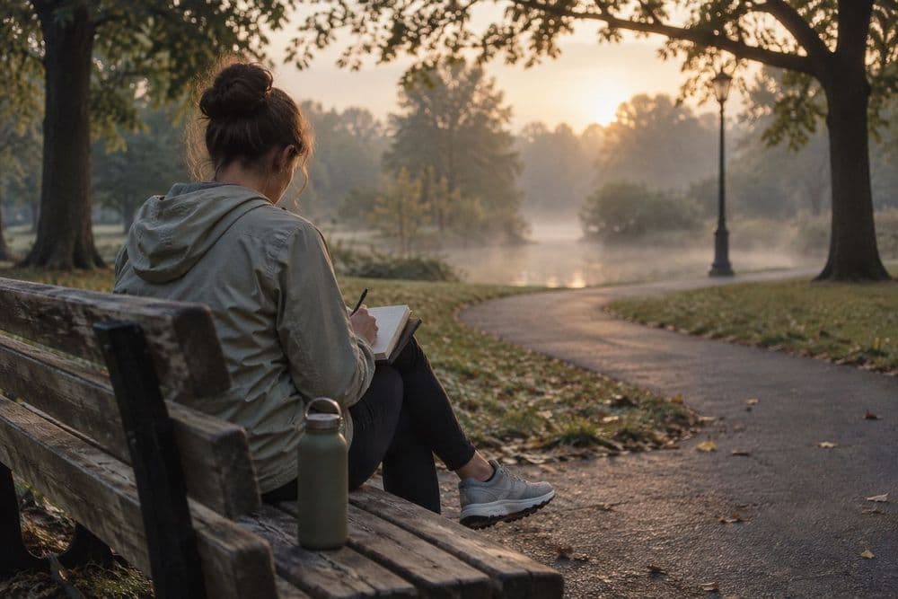 A person seen from behind sitting on a park bench in early morning light, writing in a notebook, with running shoes on and a water bottle beside them.