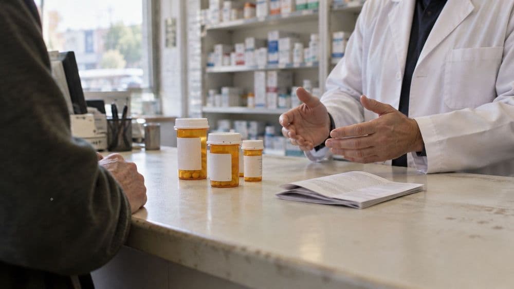 A pharmacy counter in soft daylight with a few amber prescription bottles with blank labels and a folded paper leaflet, a pharmacist in a white coat gesturing as they talk with a customer, faces out of frame.