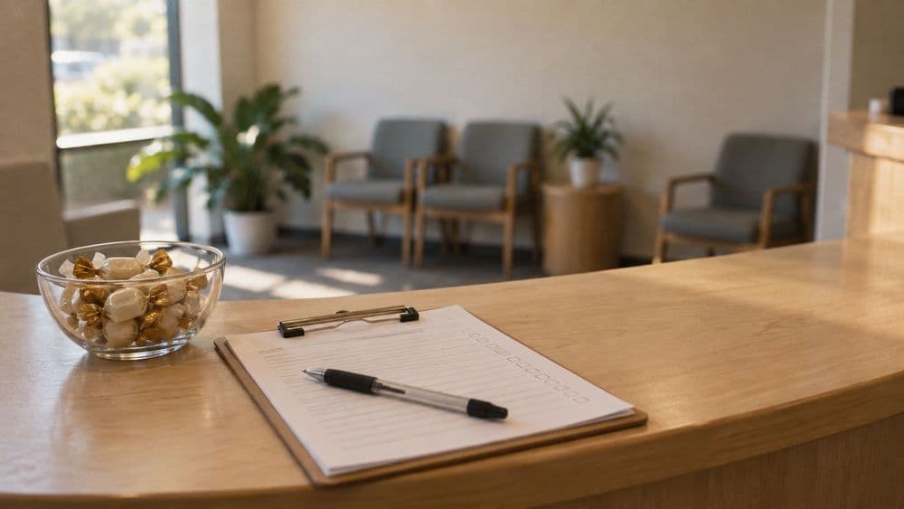 A clipboard with a blank health questionnaire and a pen on a reception counter in a donation center, next to a small bowl of wrapped candies.