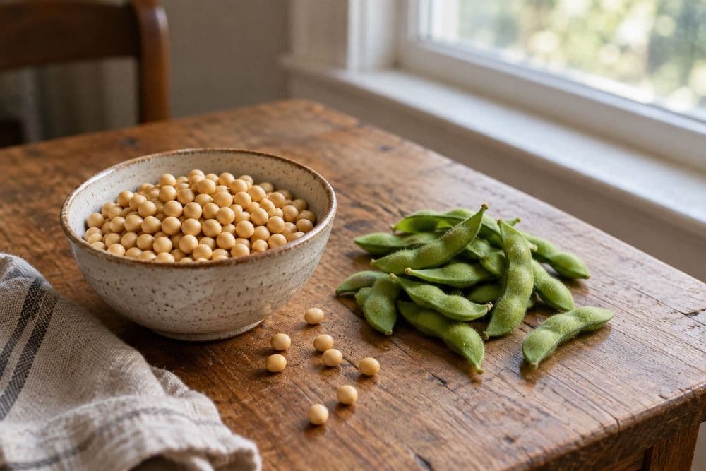 A ceramic bowl of dried soybeans and a pile of fresh green edamame pods on a wooden kitchen table in window light.