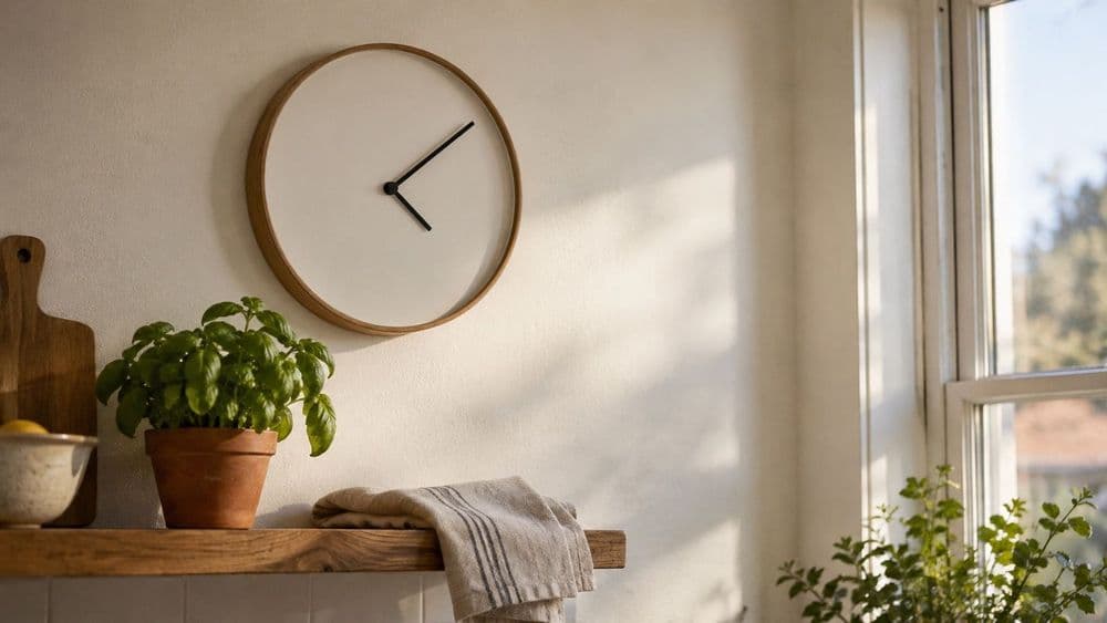 A plain analog wall clock on a pale kitchen wall above a wooden shelf with a small potted herb, in soft afternoon window light.