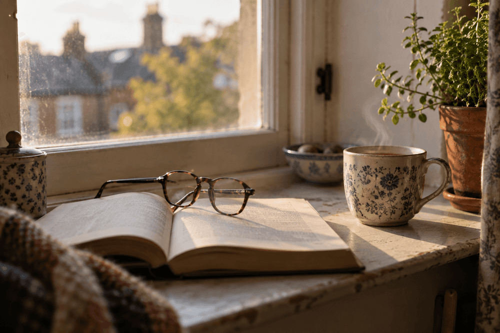 A pair of reading glasses resting on an open paperback book on a windowsill, next to a cup of tea, in soft morning light.