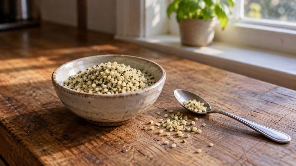 A small ceramic bowl of hulled hemp seeds on a wooden kitchen counter beside a spoon, in soft morning window light.