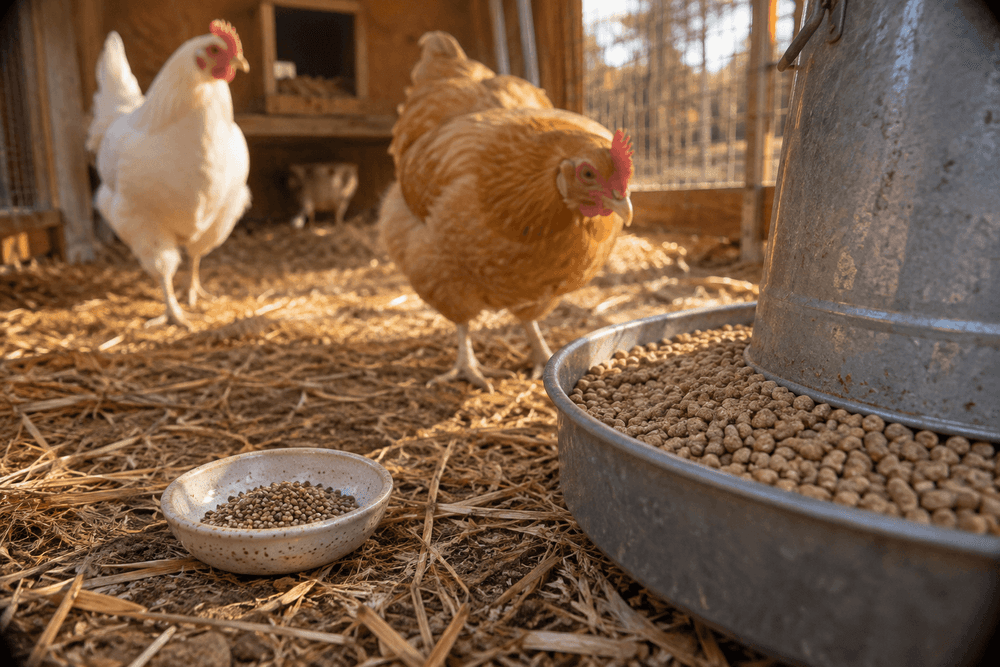 A small speckled ceramic dish holding a pinch of whole hemp seed beside a much larger galvanized feeder full of layer pellets in a straw-floored coop, with a white hen and a buff hen behind.