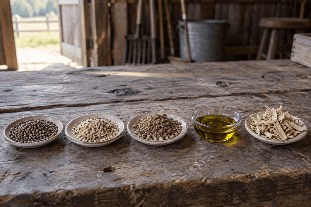 Five hemp products in a row on a weathered barn workbench: whole gray-brown hemp seed, cream hulled hemp hearts, coarse tan seed meal, a glass dish of green-gold hemp seed oil and pale chopped hemp bedding.