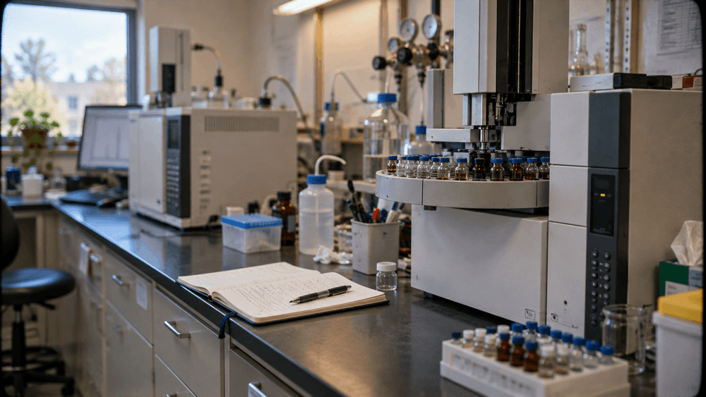 A gas chromatograph in a working analytical lab with a tray of small glass sample vials in the autosampler, in soft overhead light.