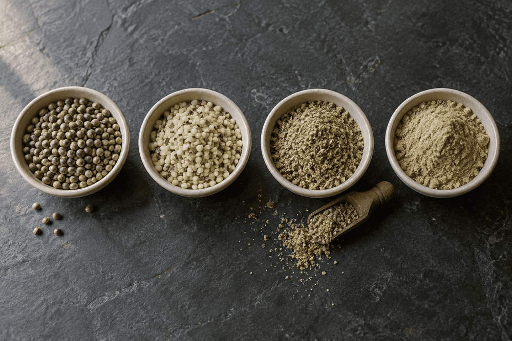 Overhead view of four small ceramic bowls on a slate surface: whole hemp seeds, pale hemp hearts, coarse greenish-brown hemp flour and a finer, lighter green hemp protein powder.