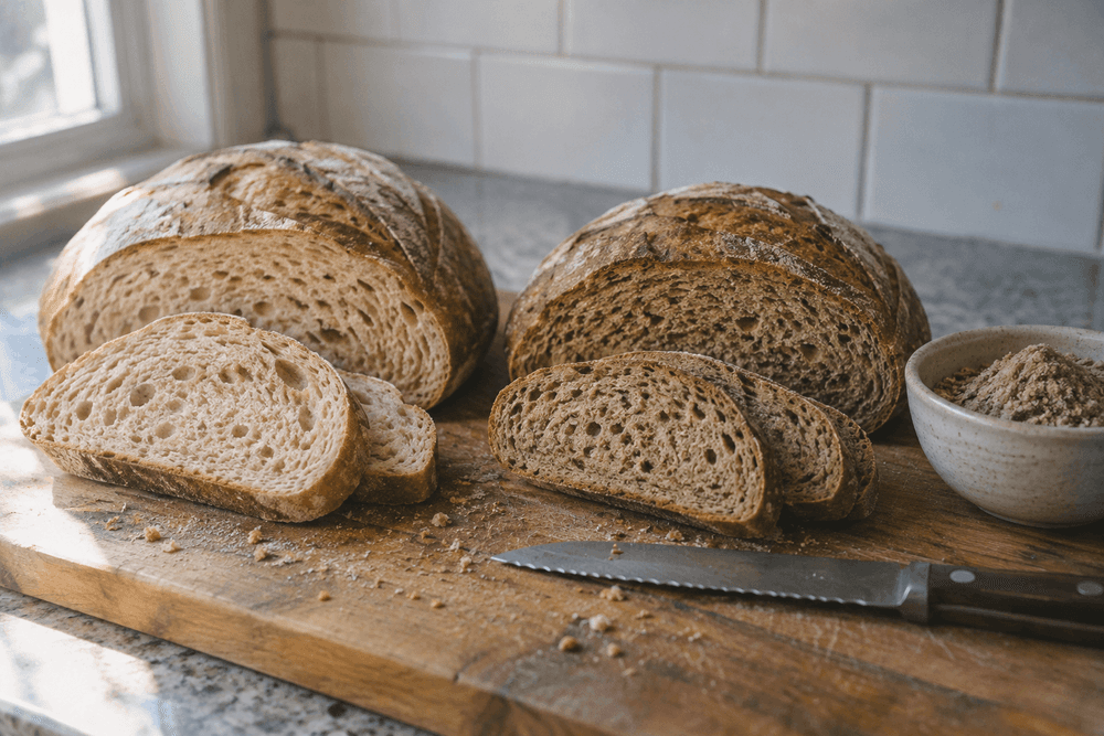 Two sliced homemade loaves on a wooden board, one with a pale wheat crumb and one with a slightly darker, greener crumb, beside a small bowl of hemp flour.