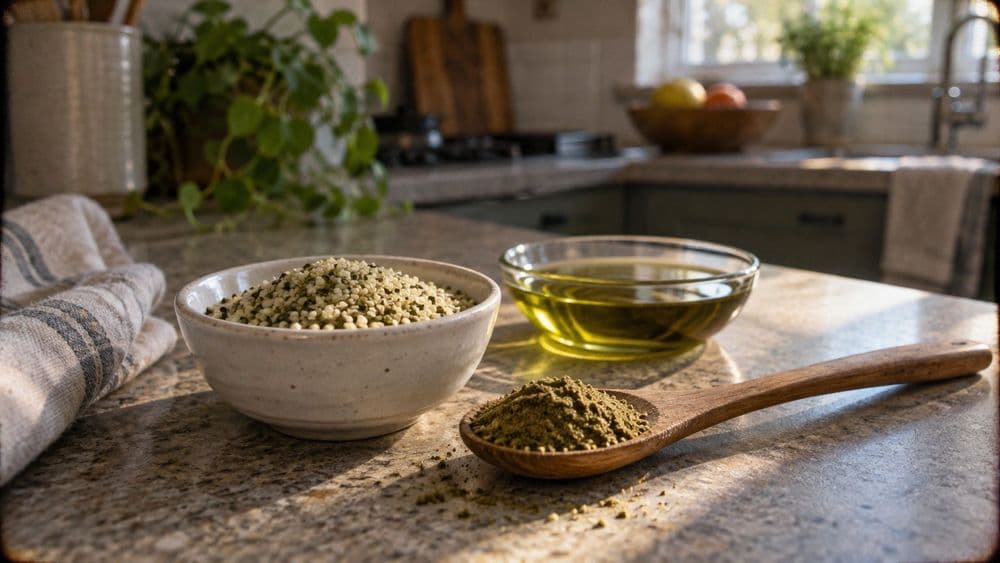 A small bowl of hulled hemp seeds, a wooden spoon heaped with olive-green powder and a shallow glass dish of green-gold oil on a kitchen counter.