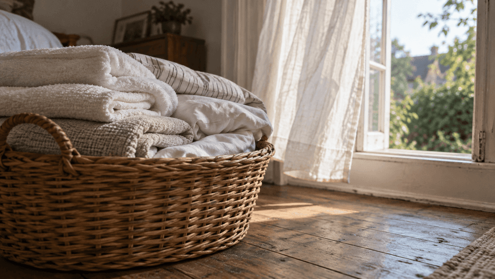 A wicker laundry basket of freshly washed, folded bedding and towels on a wooden floor beside an open window, with a sheer curtain moving in the breeze.