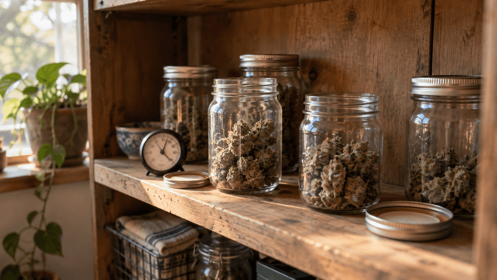Clear mason jars of dried, cured cannabis flower on a worn wooden pantry shelf in warm side light, two jars open with their lids beside them and a small analog hygrometer on the shelf.