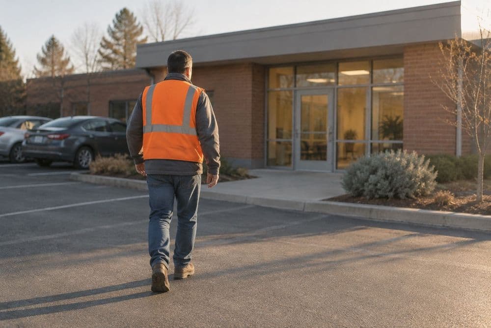 A worker in a high-visibility vest and work boots, seen from behind, walking across a parking lot toward the glass entrance of a low brick occupational health clinic in early morning light.