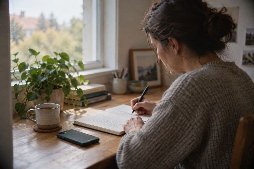 An adult at a home desk writing a short list in a paper notebook before a medical appointment, a phone face-down beside the notebook and a mug of tea, in soft daylight.