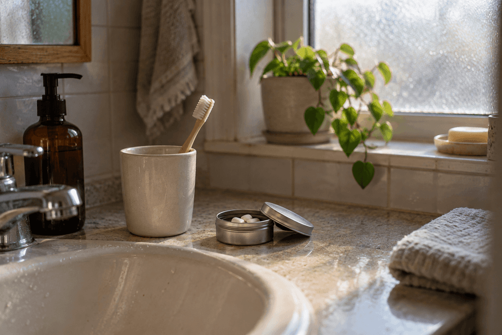A toothbrush in a ceramic cup, a small open tin of plain white gum and a folded hand towel on a bathroom counter in morning light.