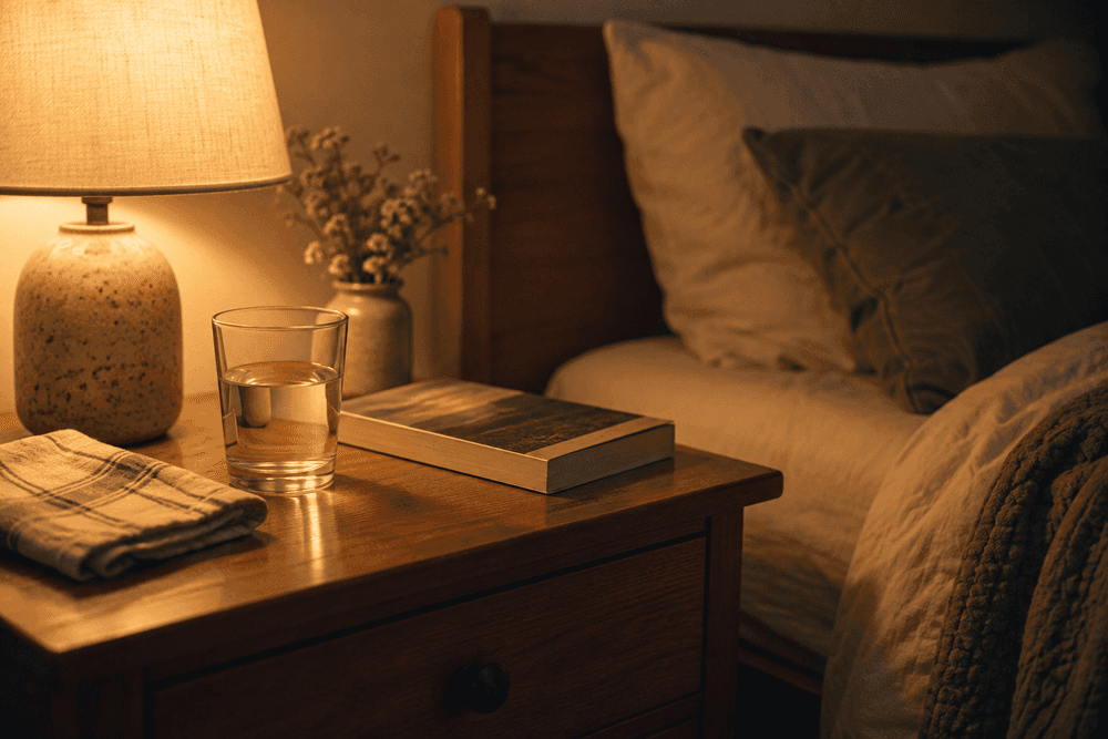 A clear glass of water and a folded cloth napkin on a wooden bedside table in soft evening lamp light.