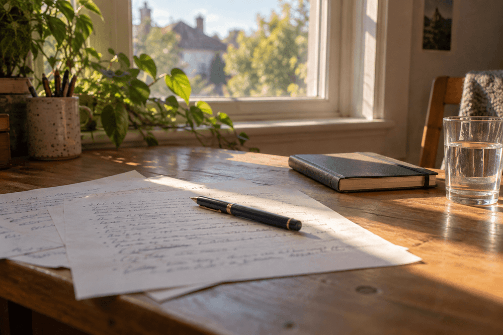 A few handwritten draft pages with pen corrections and a closed notebook on a desk in morning window light.