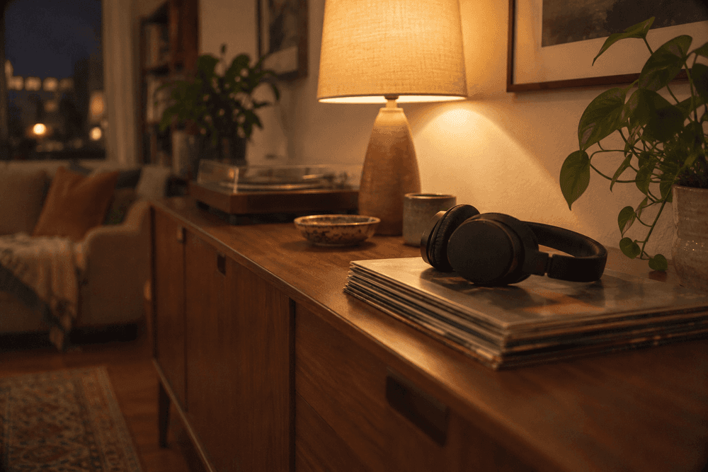 Over-ear headphones resting on a small stack of vinyl records beside a table lamp in warm evening light.