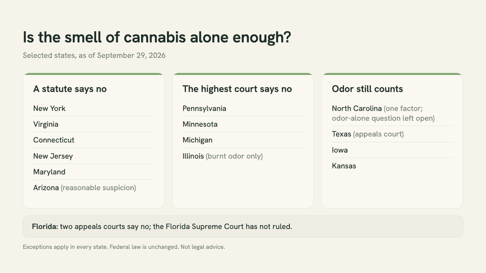 Three-column graphic sorting states by whether the smell of cannabis alone is enough: a statute says no, the highest court says no, or odor still counts, with Florida pending.