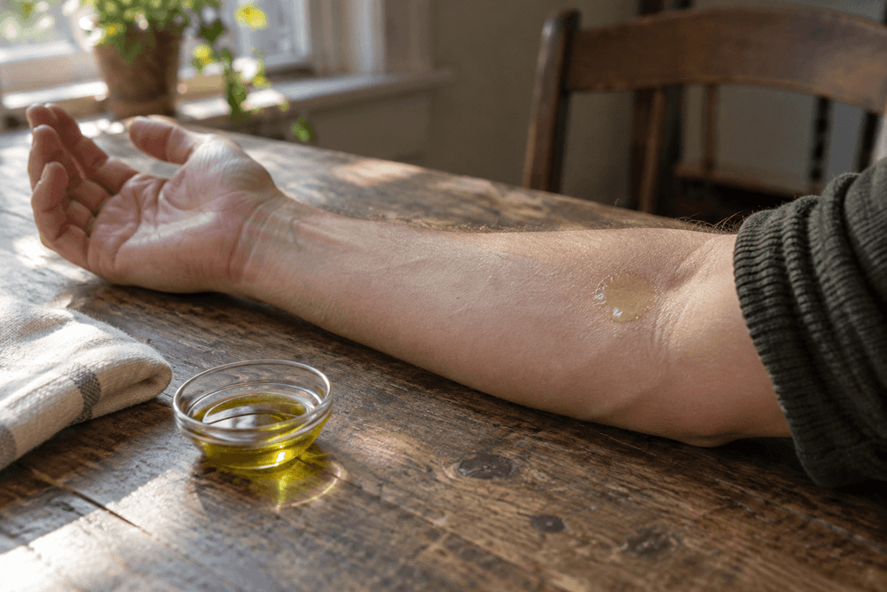 An inner forearm resting palm-up on a worn wooden table in daylight, with a small glossy coin-sized patch of oil near the elbow crease and a tiny glass dish of green-gold oil beside it.