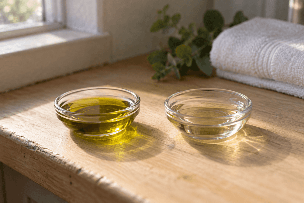 Two small glass dishes of plant oil side by side on a wooden shelf in window light: the left holds deep green-gold unrefined hemp seed oil, the right a pale, nearly clear refined oil.