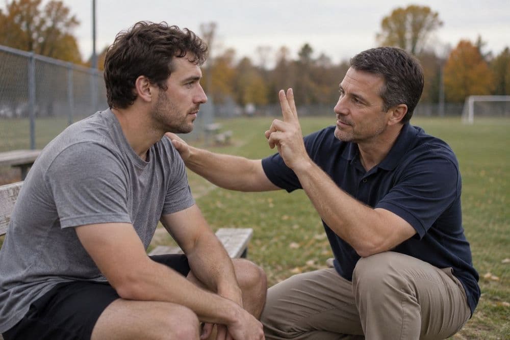 An athletic trainer crouches beside an adult athlete seated on a wooden bench at the edge of a grass field, one hand on his shoulder, holding up two fingers to check that his eyes track.
