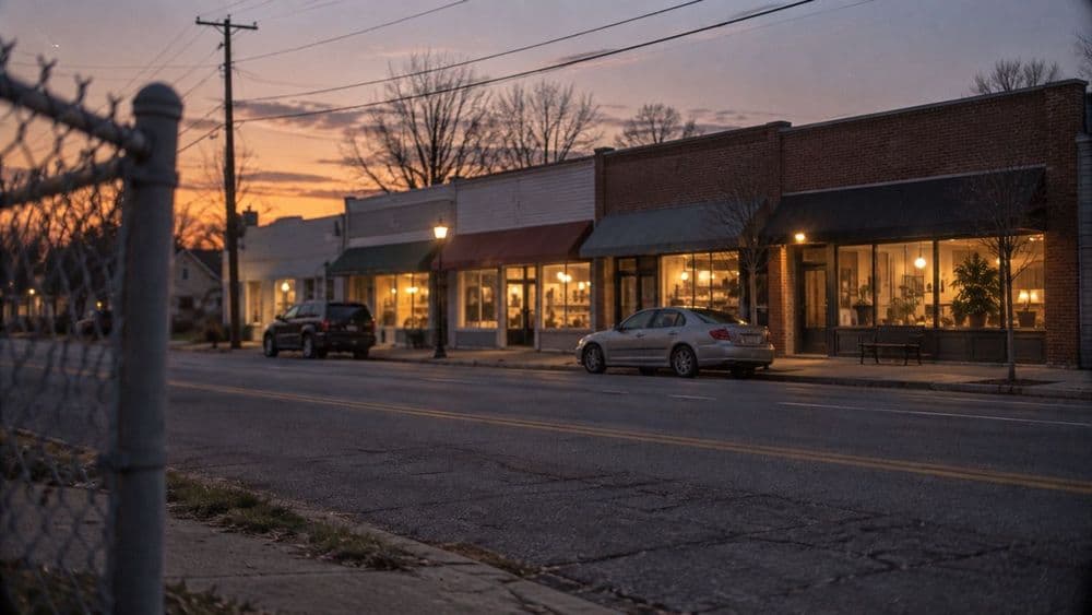 A small strip of shops at dusk seen from across a quiet road, windows lit and nothing readable, with a chain-link fence in the foreground.