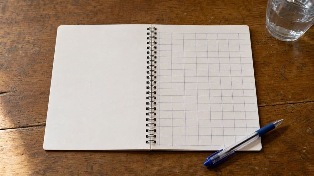An open spiral notebook on a worn wooden kitchen table, its left page blank and its right page ruled into a grid of narrow empty columns and rows in blue ballpoint, with the pen resting beside it in morning light.