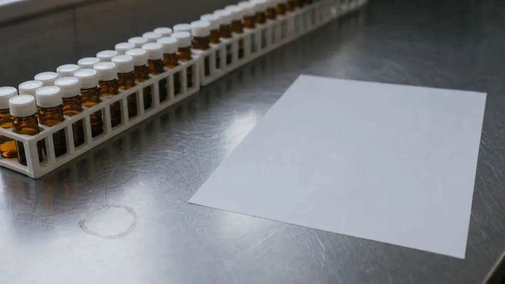 A rack of amber sample vials with plain white caps on a scratched stainless steel laboratory bench, each vial capped and sealed, with a blank sheet of paper lying beside the rack in flat daylight.