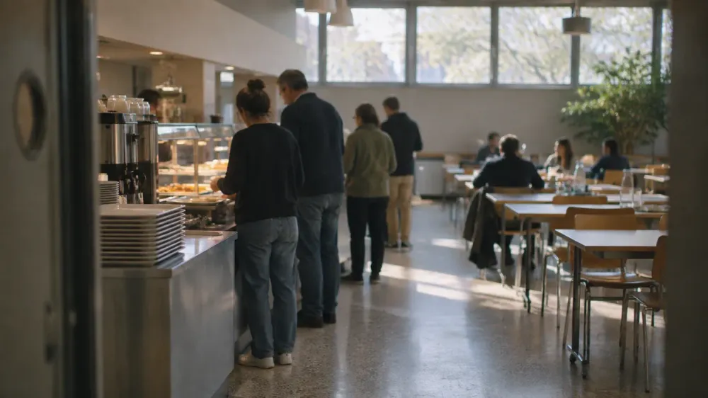 An ordinary canteen seen from the doorway at midday, with a short queue at the counter and people blurred beyond recognition.
