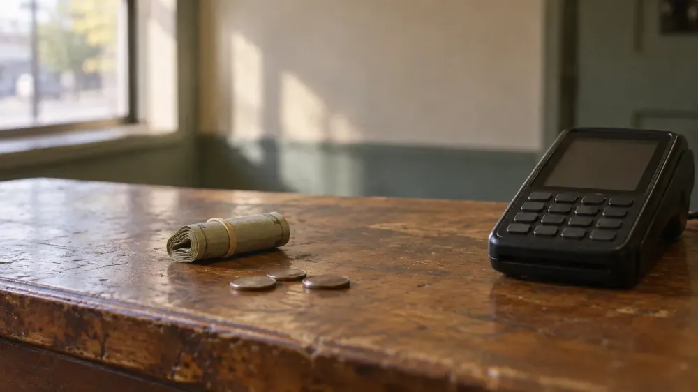 A rubber-banded roll of paper bills and a few coins on a worn wooden shop counter, next to a countertop card terminal with a dark, blank screen.