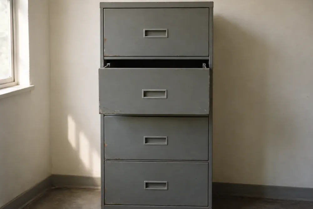 A grey steel filing cabinet with four drawers against a plain wall, the second drawer pulled a few inches open and the rest shut, lit by soft daylight from a window.