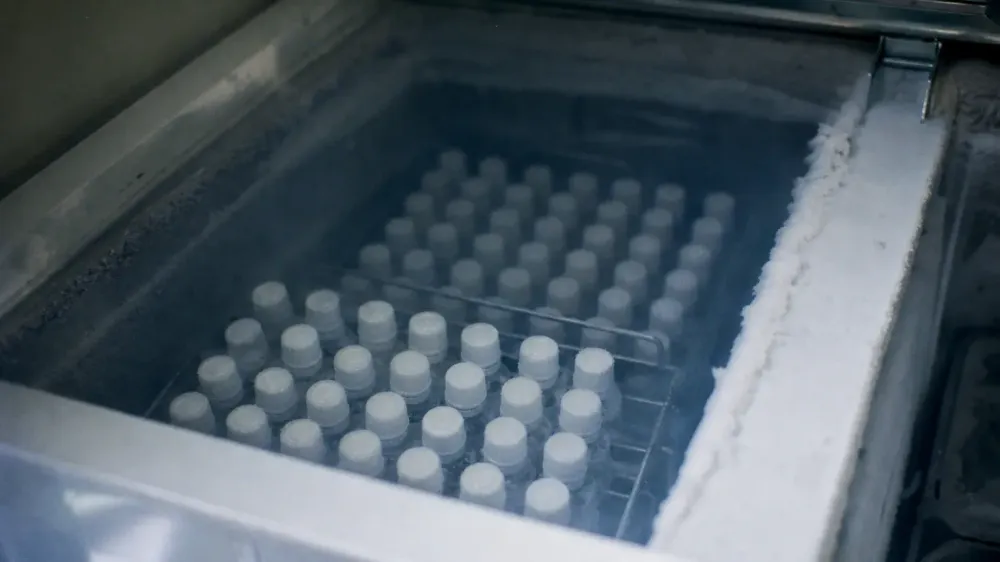 A metal rack of small plastic screw-cap tubes standing in an open chest freezer, frost on the shelf edge and the deeper rows dissolving into cold blue shadow.