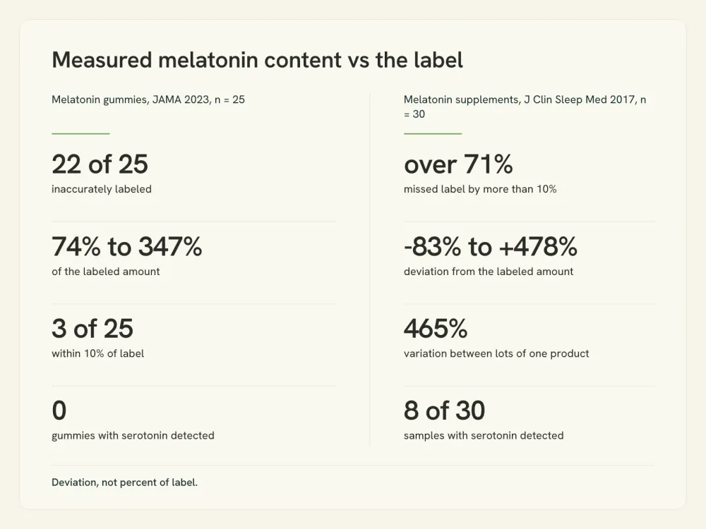 Chart comparing measured melatonin content against label claims in two published analyses, showing 22 of 25 gummies off label and a deviation range of minus 83 to plus 478 percent.