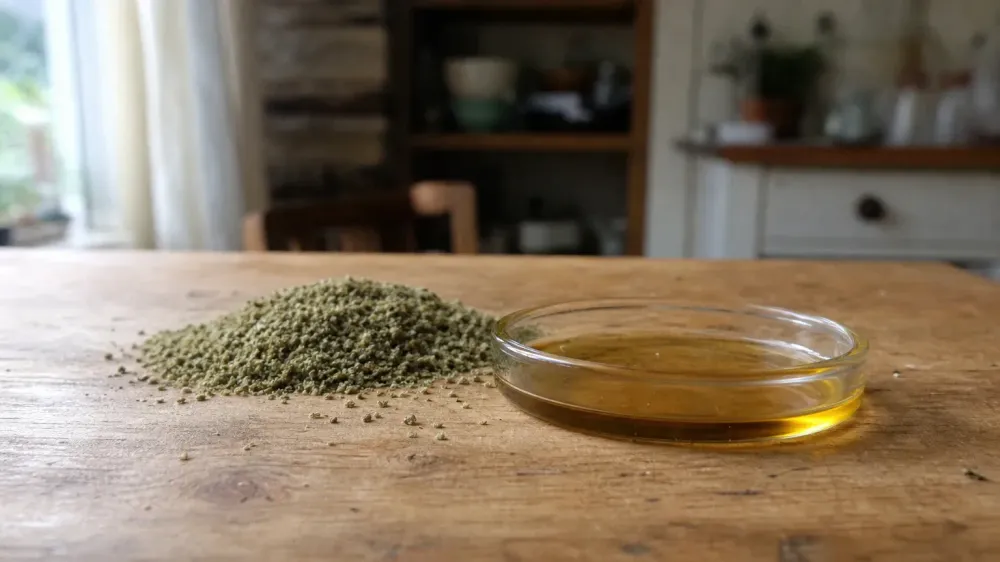 A shallow glass dish of amber oil on a wooden counter beside a small heap of coarse, dry, milled greenish plant material.